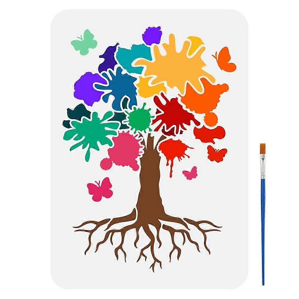 1 Pc PET Hollow Out Drawing Painting Stencils for DIY Scrapbook Photo Album with 1Pc Art Paint Brushes Tree 297x210mm
