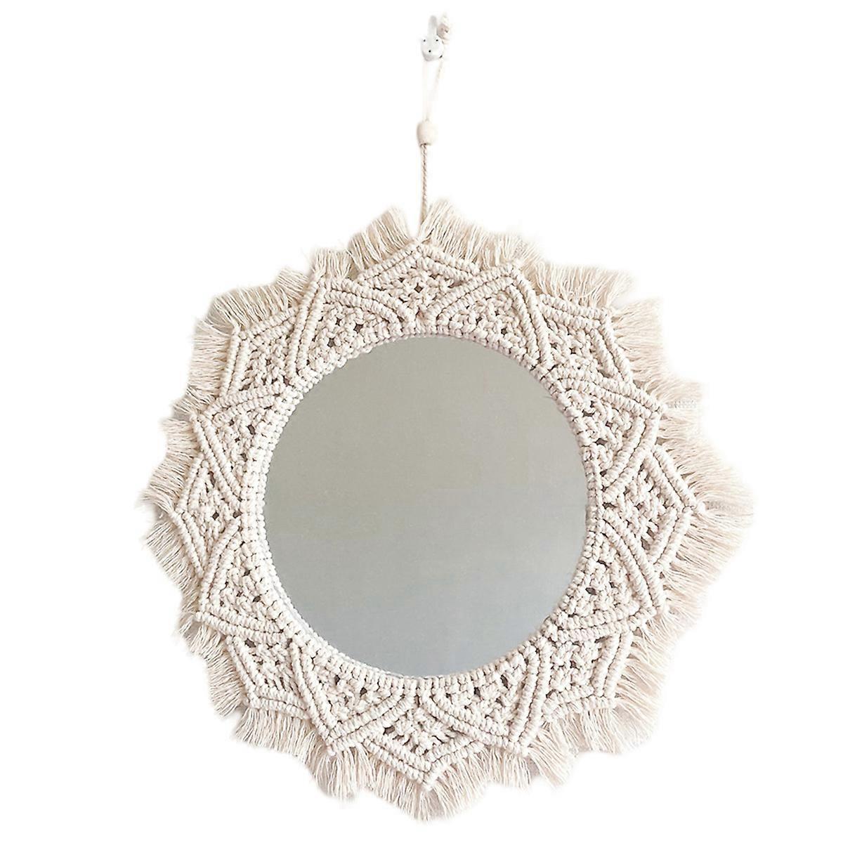 Macrame Wall Mirror, 15-Inch Round Decorative Mirror with Fringe