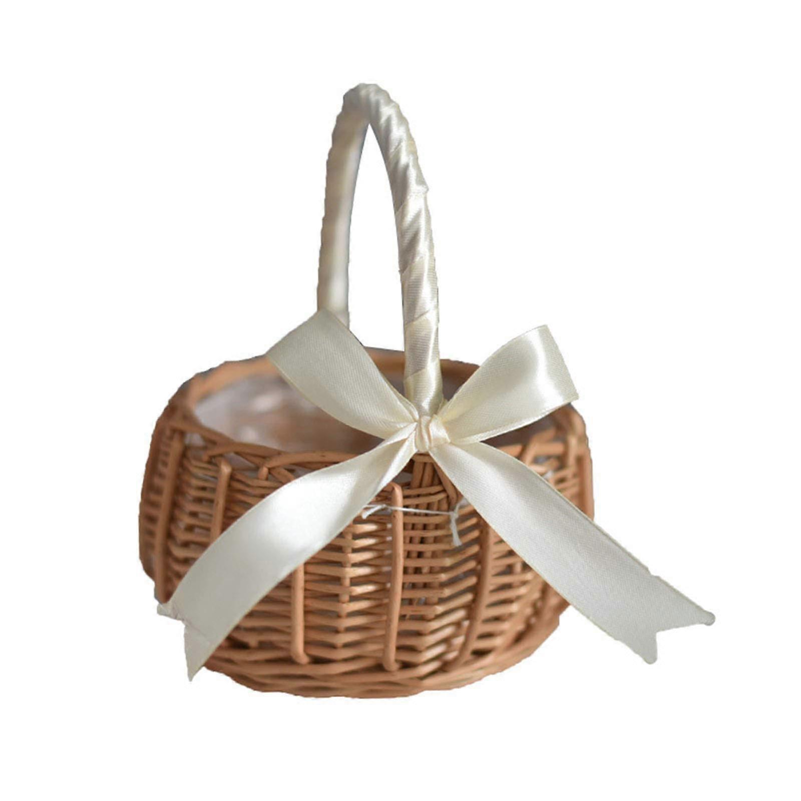 Wicker Rattan Flower Girl Basket, Handwoven with Handles and Plastic Insert, Small