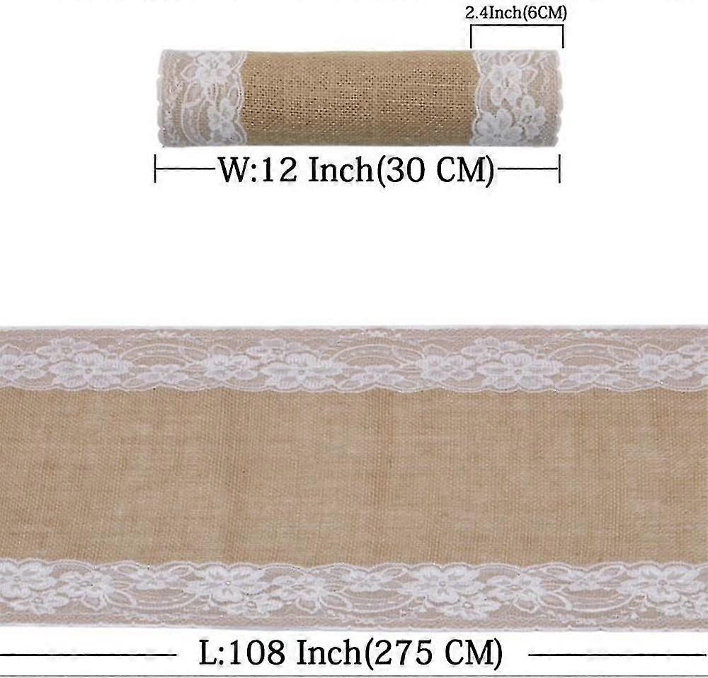 Jute Burlap Fabric Lace Table Runner, 275 * 30cm White
