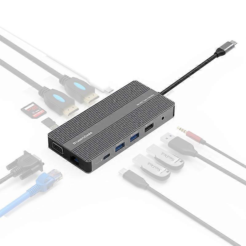 BLUEENDLESS HD1202 Type-C Splitter Adapter 12-in-1 Dual HD/VGA Multiport Expander Hub for Desktop