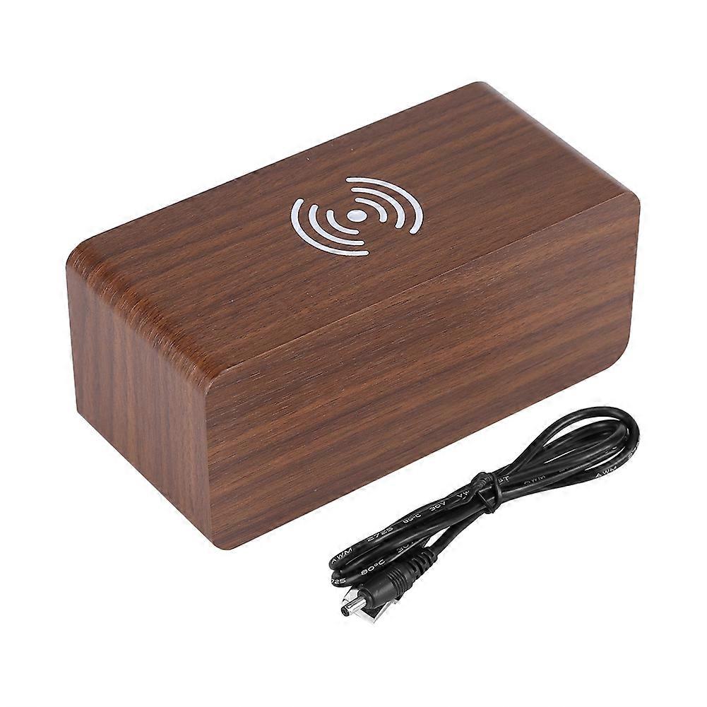 Wooden LED Digital Alarm Clock Voice Control Temperature Wireless Charger for Phone