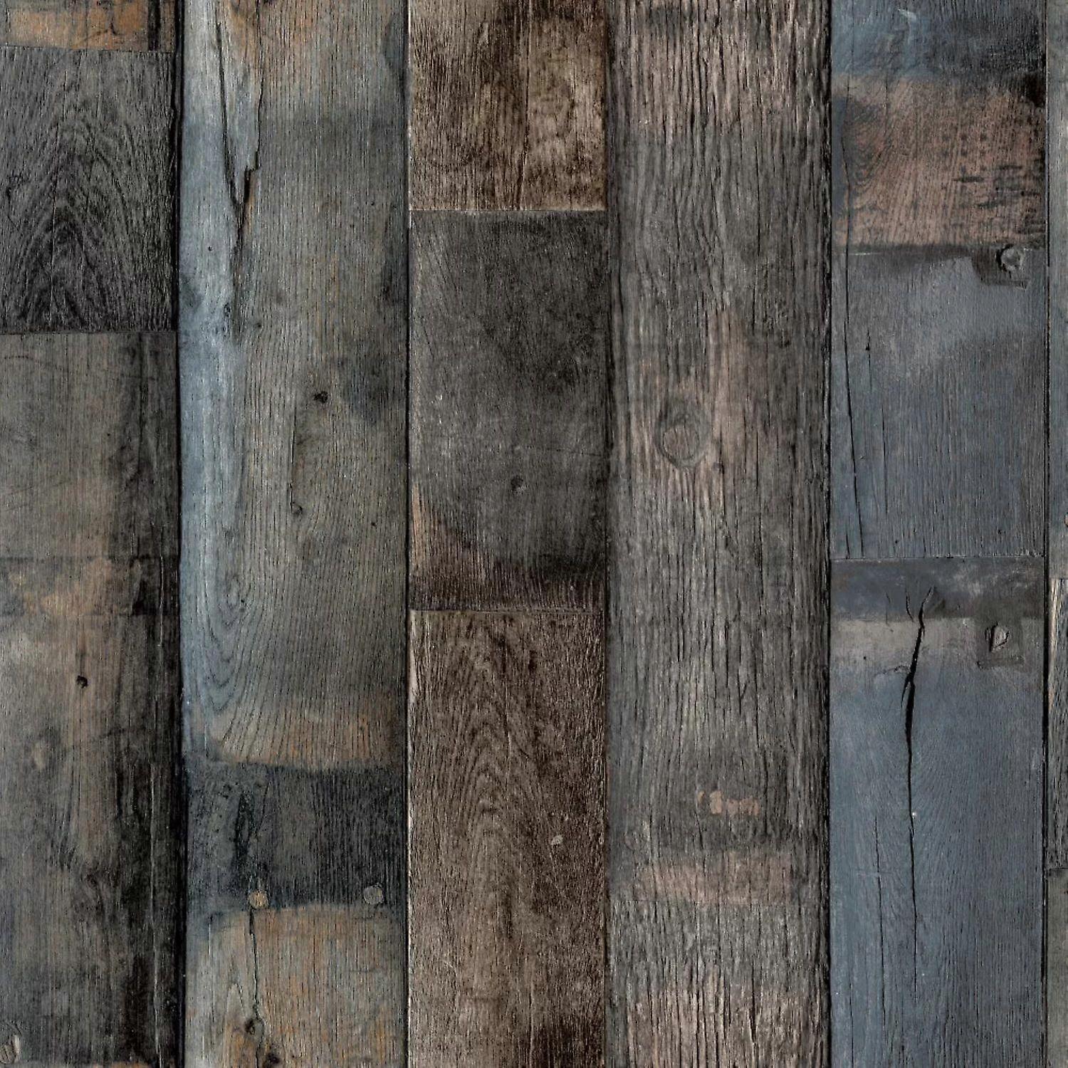 Grandeco Vertical Plank Wood Effect Textured Dark Brown Wallpaper