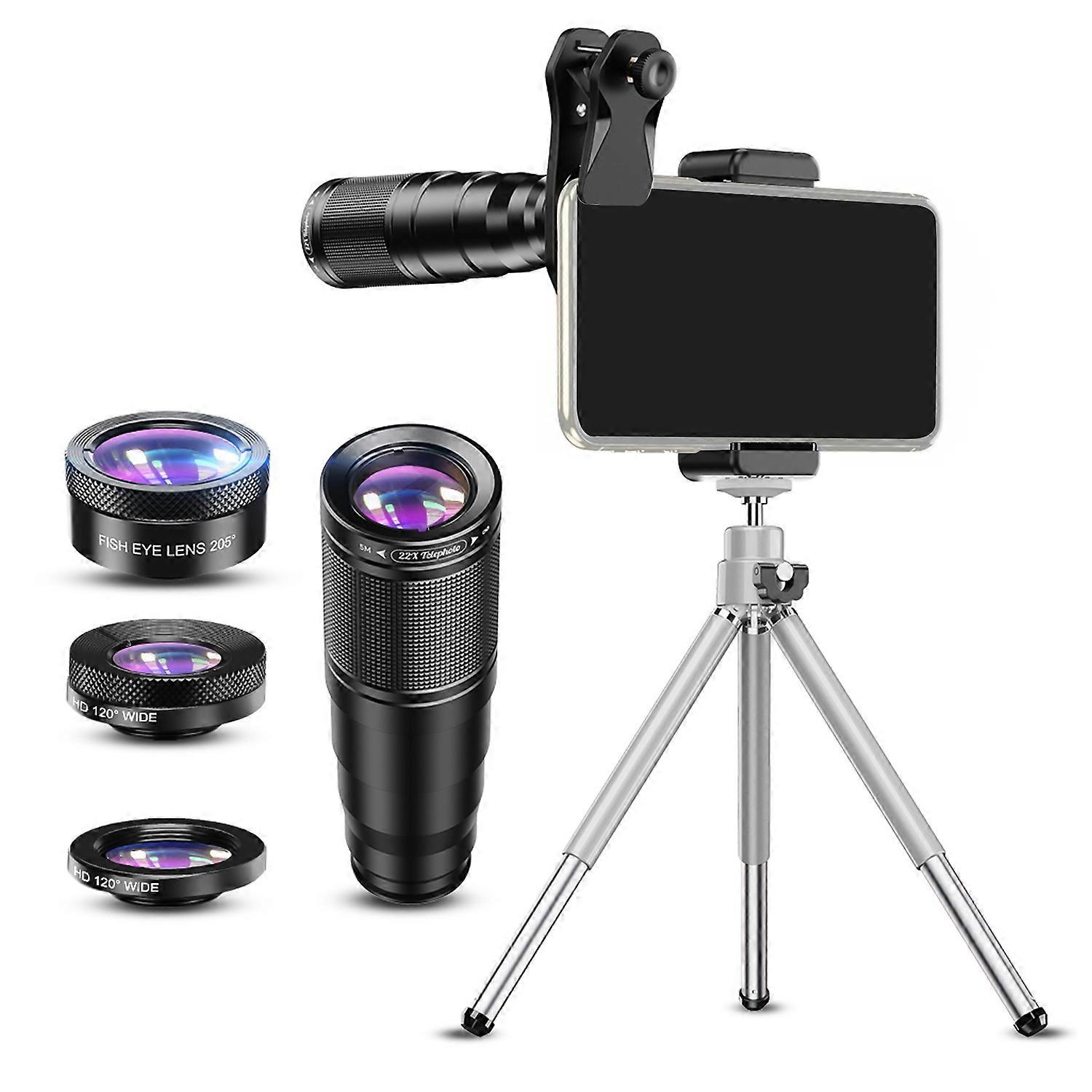 Phone Lens Kit 22X Telephoto Macro Wide Angle Fisheye Lens Kit with Tripod and Clips