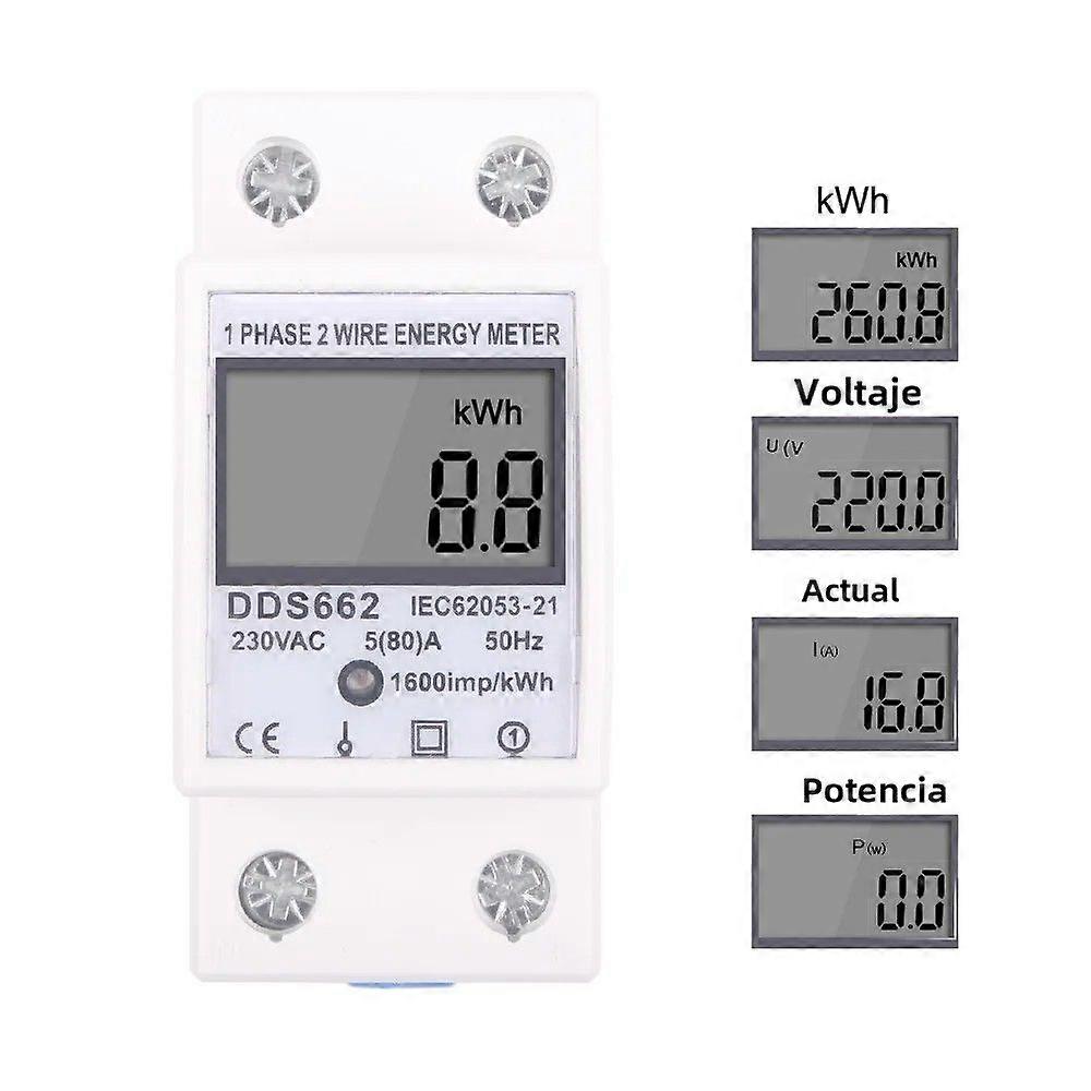 Single-phase LCD digital energy meter with backlit display. Energy consumption in kWh for 230V electricity. DIN rail installation.