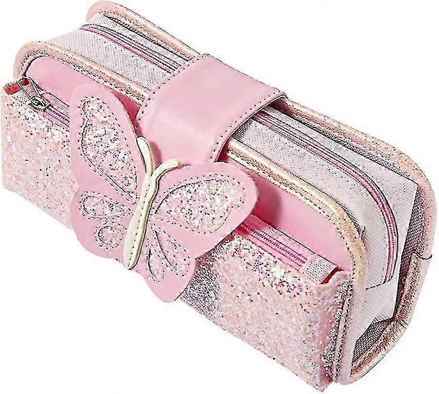 Reversible Sequin Pencil Case For Girls, Multi Compartments Pencil Case, Pencil Case With Zippers And Butterfly Sequins, Pink Large Capacity Pencil Ca