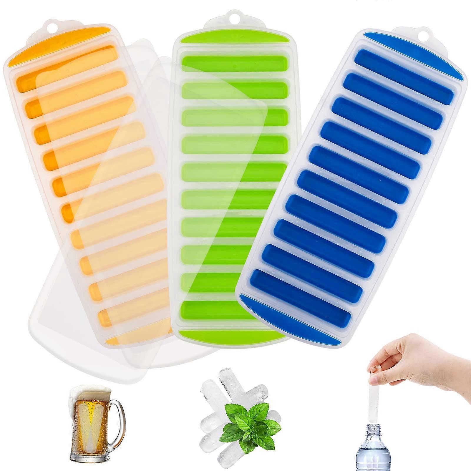 Ice Cube Trays Pack of 3 Silicone Easy Release Bottle Ice Stick Trays with Leak-proof Lid for Sports Drinks Orange Green Blue