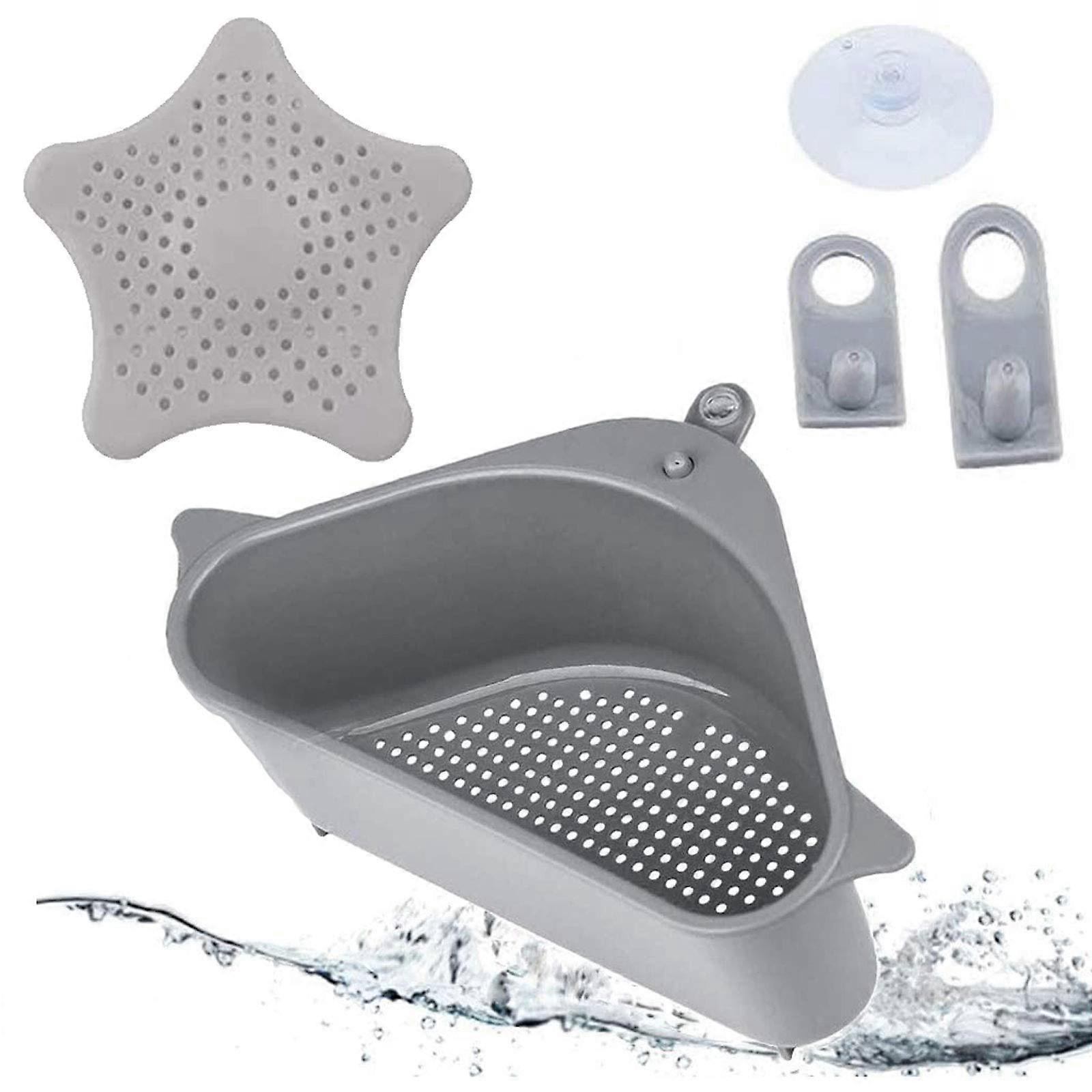 Triangular Sink Rack Sink Drain Basket Strainer with Suction Cup Multifunctional Sink Drain Sponge Holder for Kitchen Bathroom (AAA)