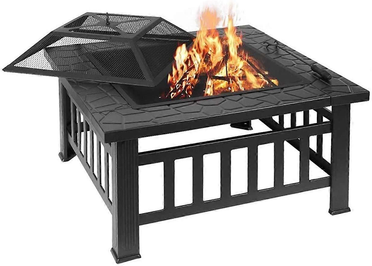 Outdoor Fire Pit with BBQ Grill, 32in Square Wood Burning, RustResistant for Backyard Patio Camping