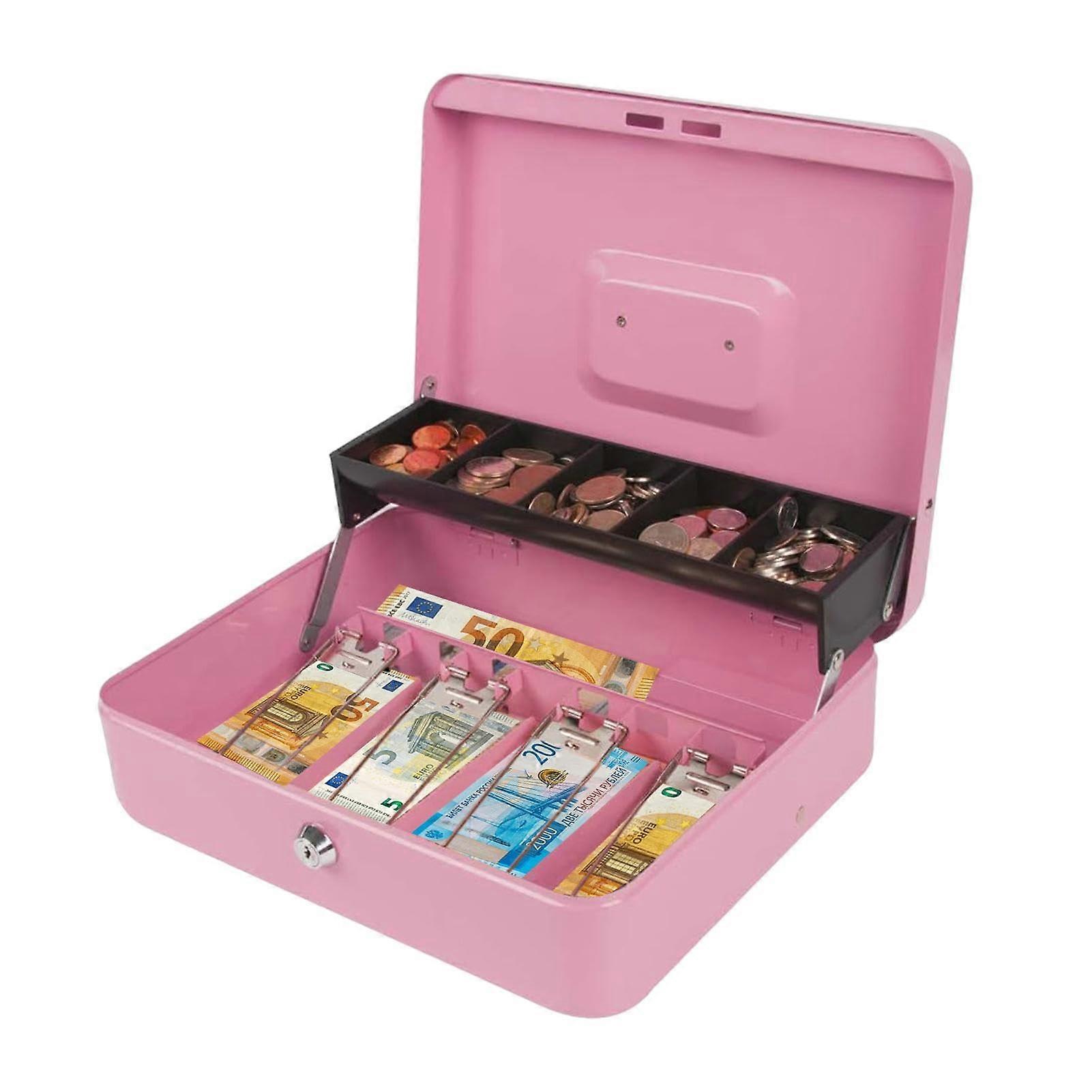 Cash Box - Portable Cash Register with Lock, Secure Money Storage for Bills and Coins, Pink Color, 4 Bills/5 Coin Slots