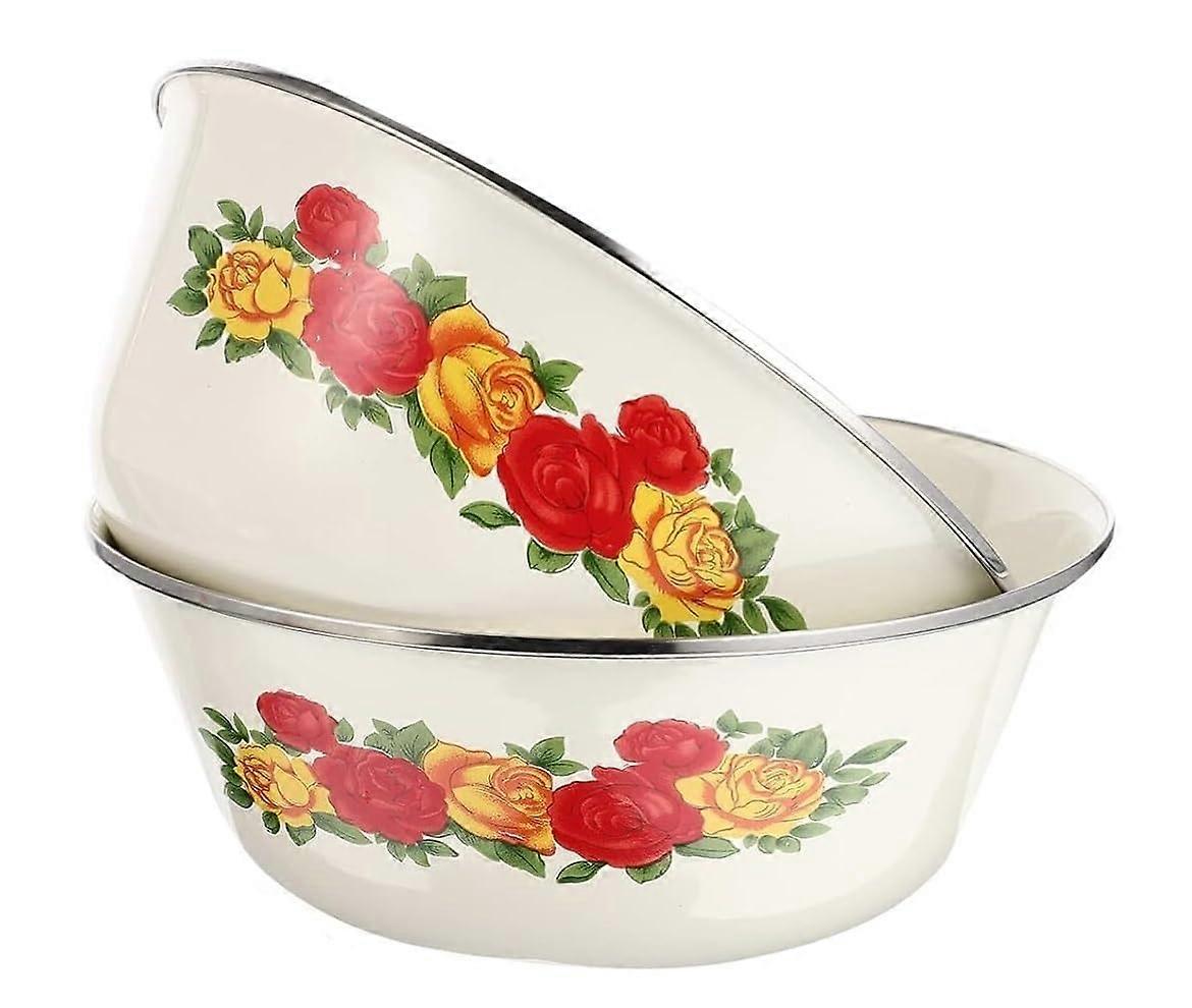 Enamelware Mixing Bowl Set, Vintage 22cm Light Yellow Enamel Salad Bowl and Soup Basin, 2 Pack Serveware for Kitchen and Parties