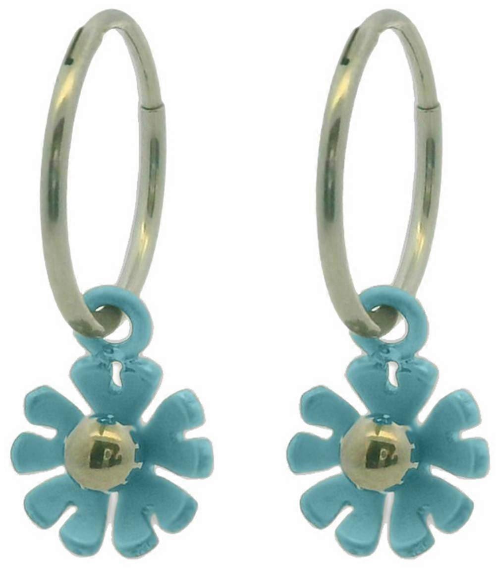 Ti2 Titanium Ten Petal Flower Charm Hoop Earrings - Kingfisher Blue