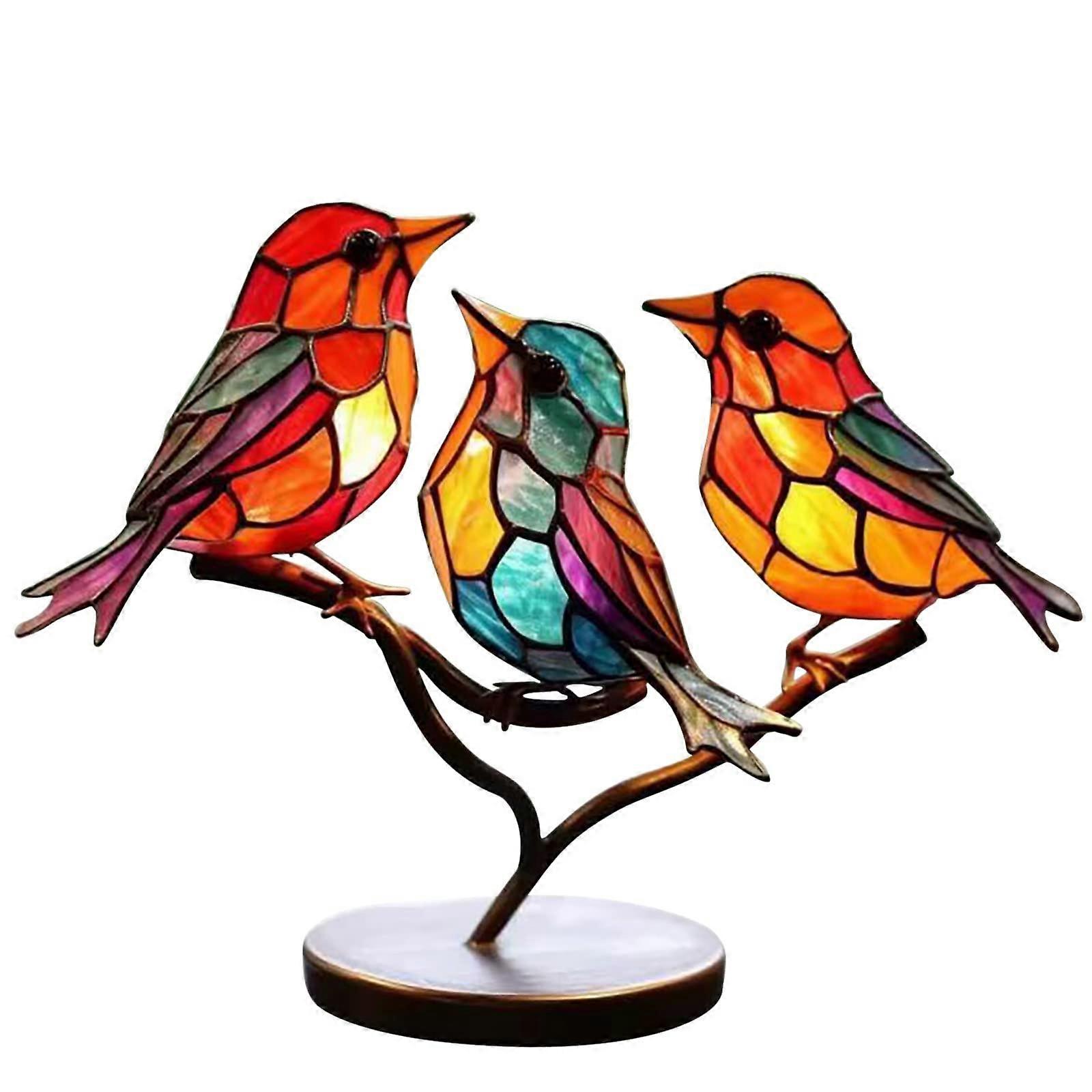 Stained Acrylic Birds on Branch Desktop Ornament, DoubleSided Bird Statue Ref: 6111