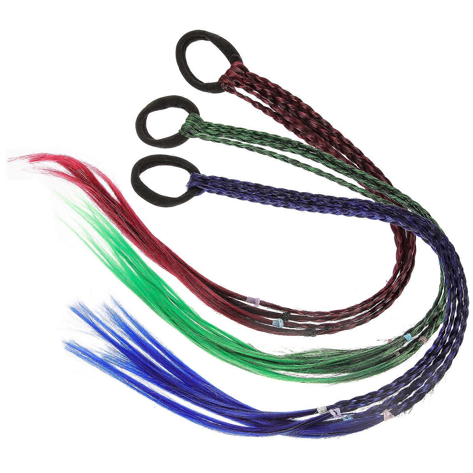 3PCS Braided Ponytail Extension Synthetic Hairpiece with Hair Ties for Stylish Gradient Blue Red Green Look – Versatile Hair Accessory for Women