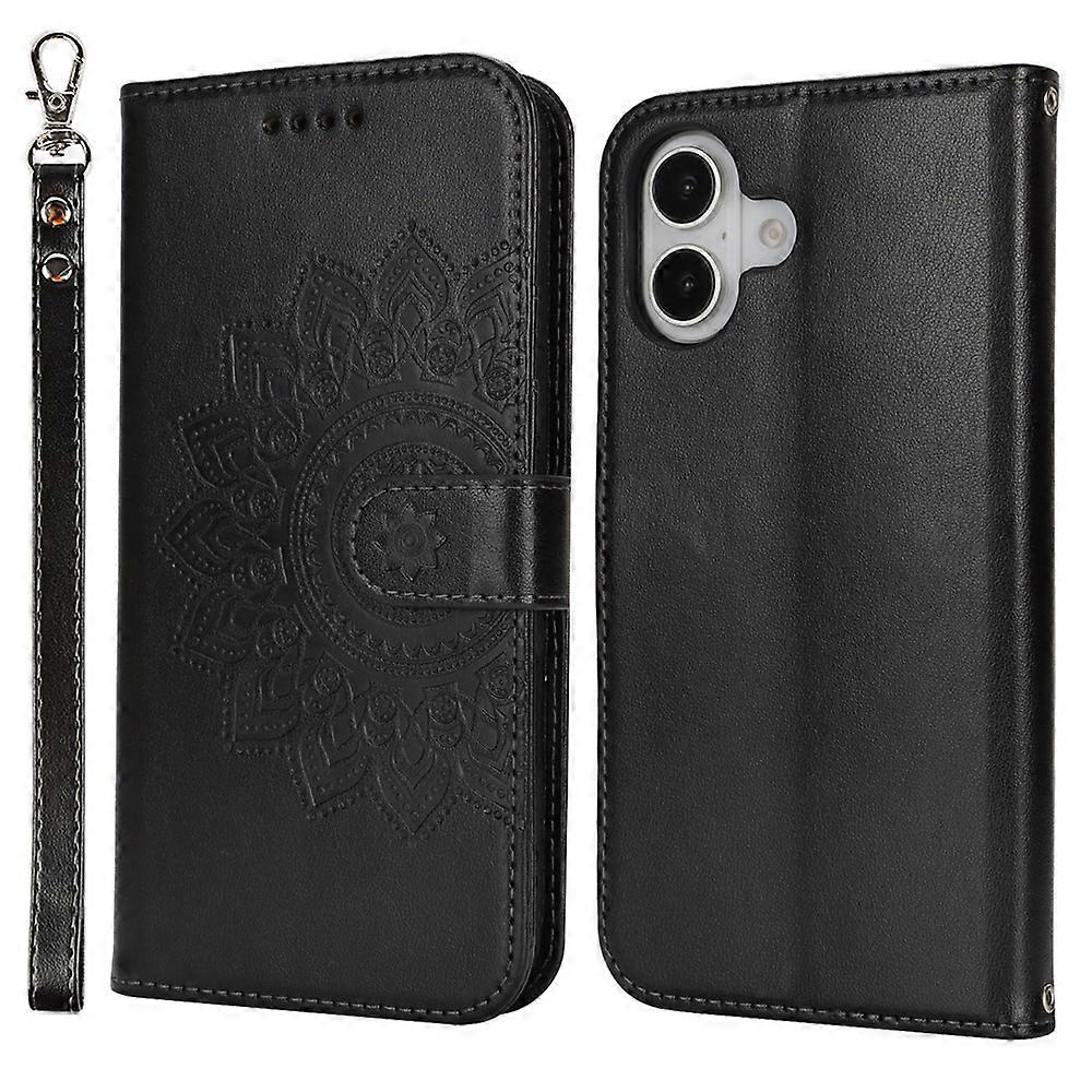 Compatible For iPhone 16 Plus Stand Case Textured Leather Wallet Phone Cover with Strap