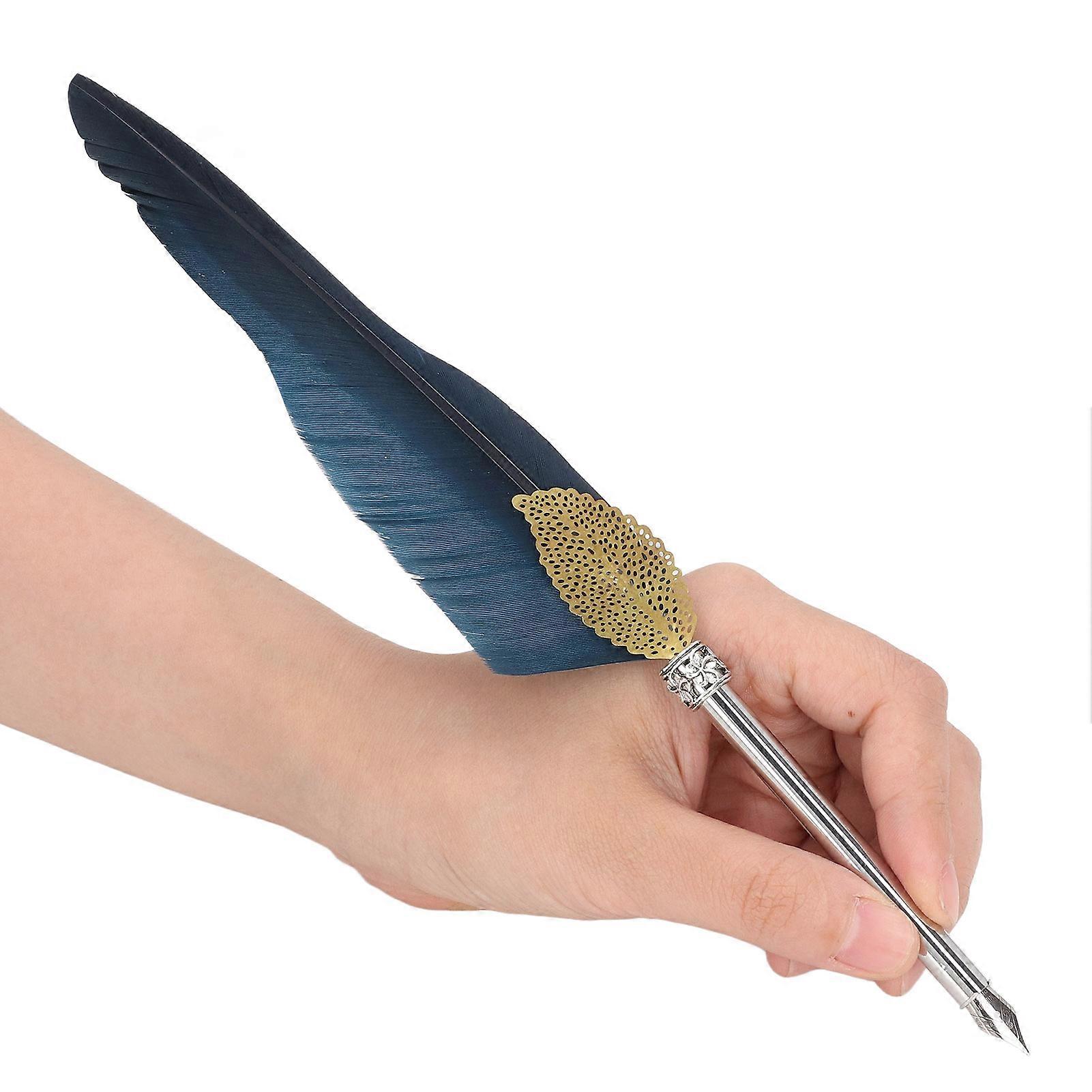 Quill Pen Set Exquisite Feather Design Retro Hollow Style Calligraphy Pen with Empty Ink Bottle Metal Nib SP101033 Navy Blue