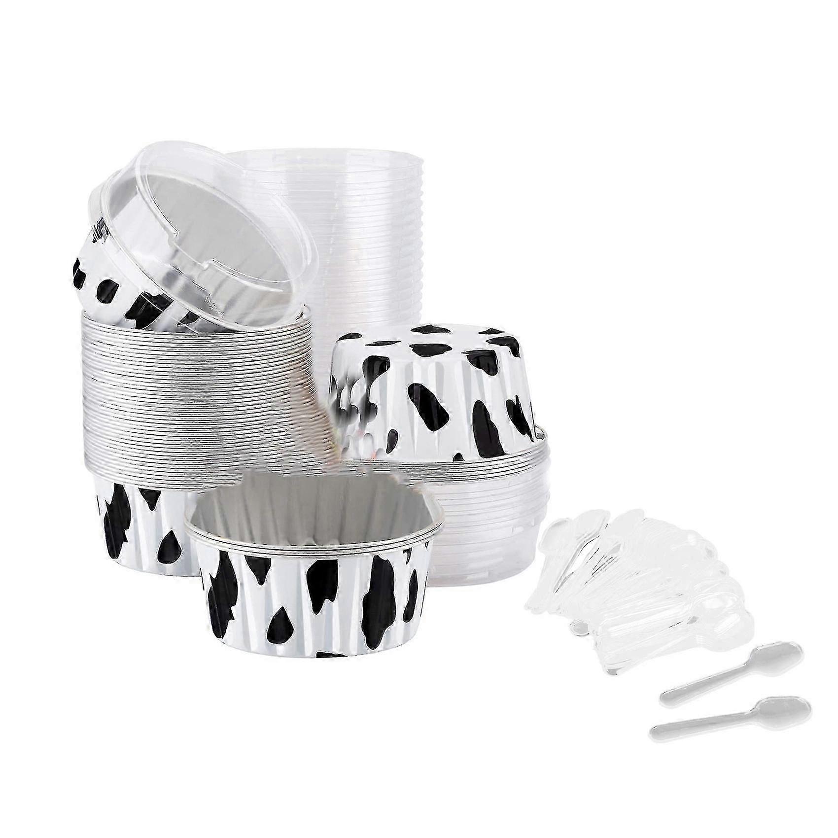 50 Pack 5oz Foil Cupcake Liners with Lids and Spoons, Disposable Baking Cups for Parties, Weddings, and Events