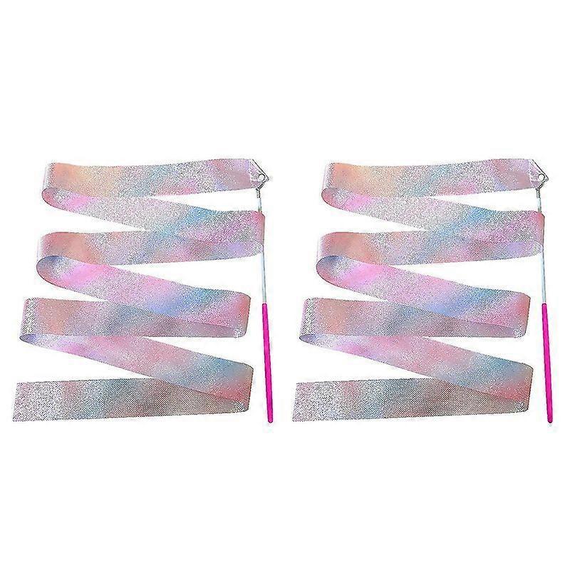 2Pcs Gymnastics Ribbons with Wand Strong Sparkling Soft Smooth Long Ribbon Training 2m Artistic Dancing Twirling Stick Streamers Children Toy
