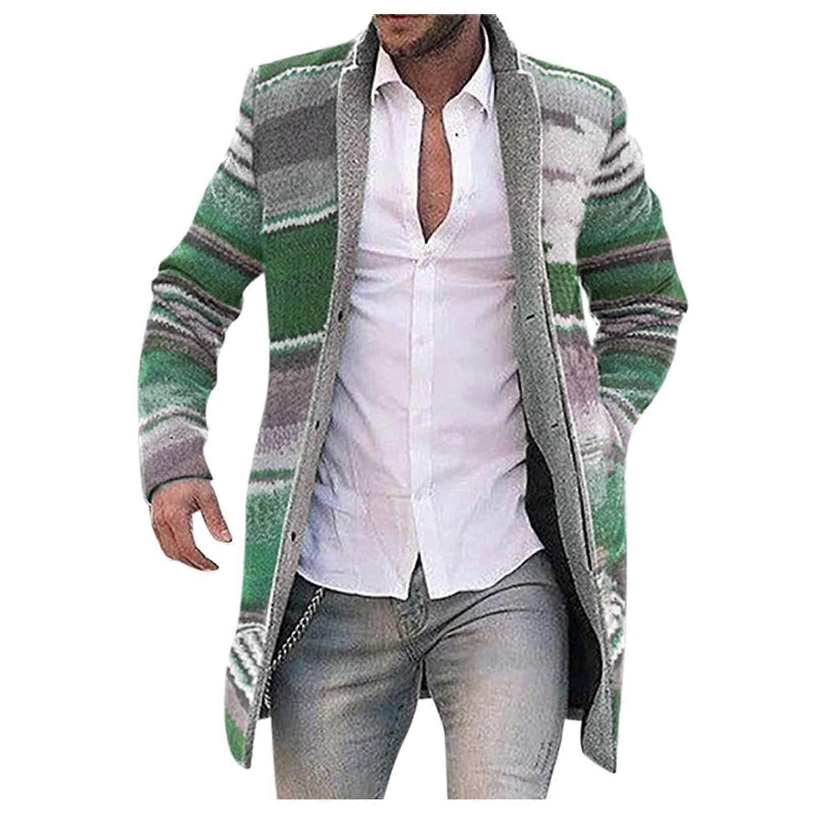 Winter Coat for Men 4XL Green Striped Handmade Double-Sided Business Jacket Long Slim Fit Checked Cardigan with Stand-Up Collar