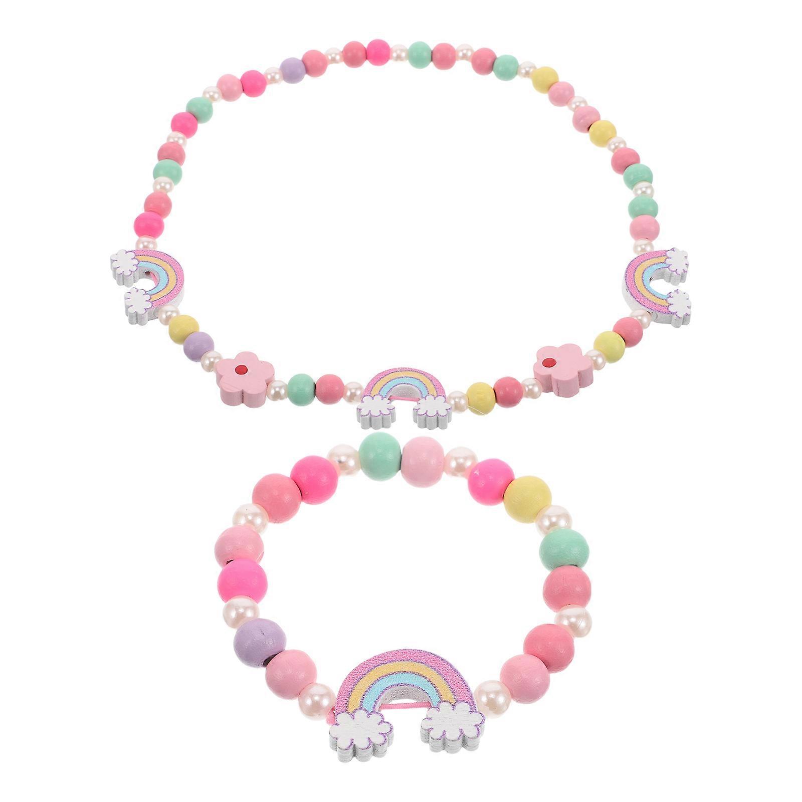Diy Colorful Beaded Jewelry Set for Kids Handmade Fashionable Bracelets Adjustable Length 2Pcs