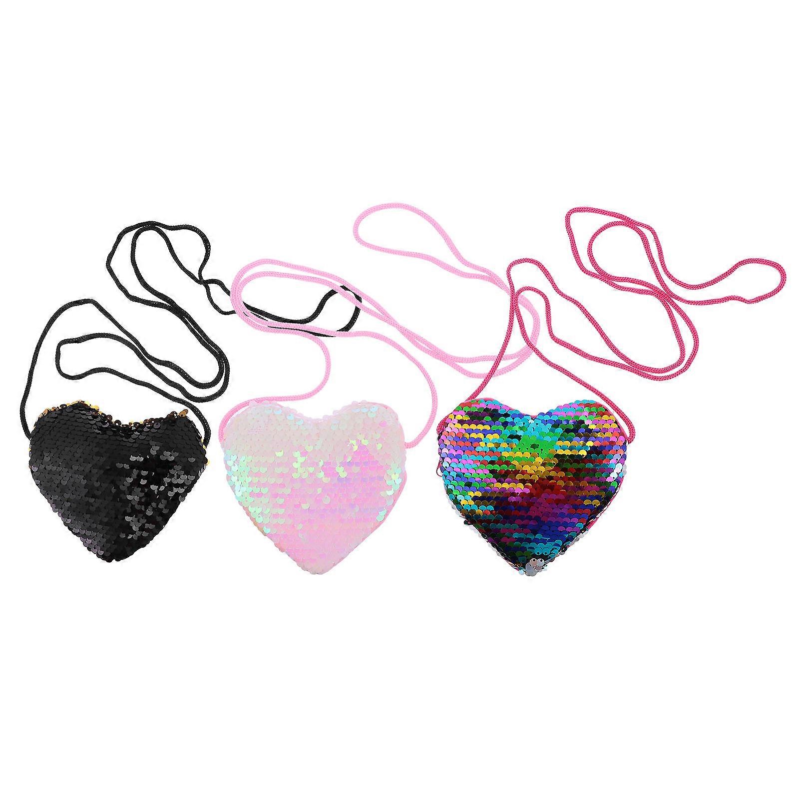 Chic Heart Shaped Coin Purse Set 3pcs Sequin Wallets with Lanyard for Convenient, Durable Everyday Use