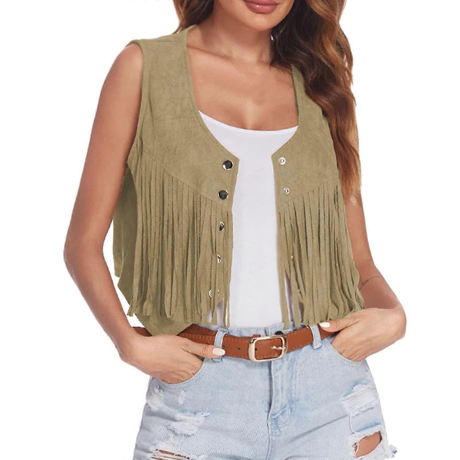 Women's Fringe Vest Jacket Open Front Lightweight Boho Cardigan with Tassels in Brown XL for Hippie and Cowboy Style