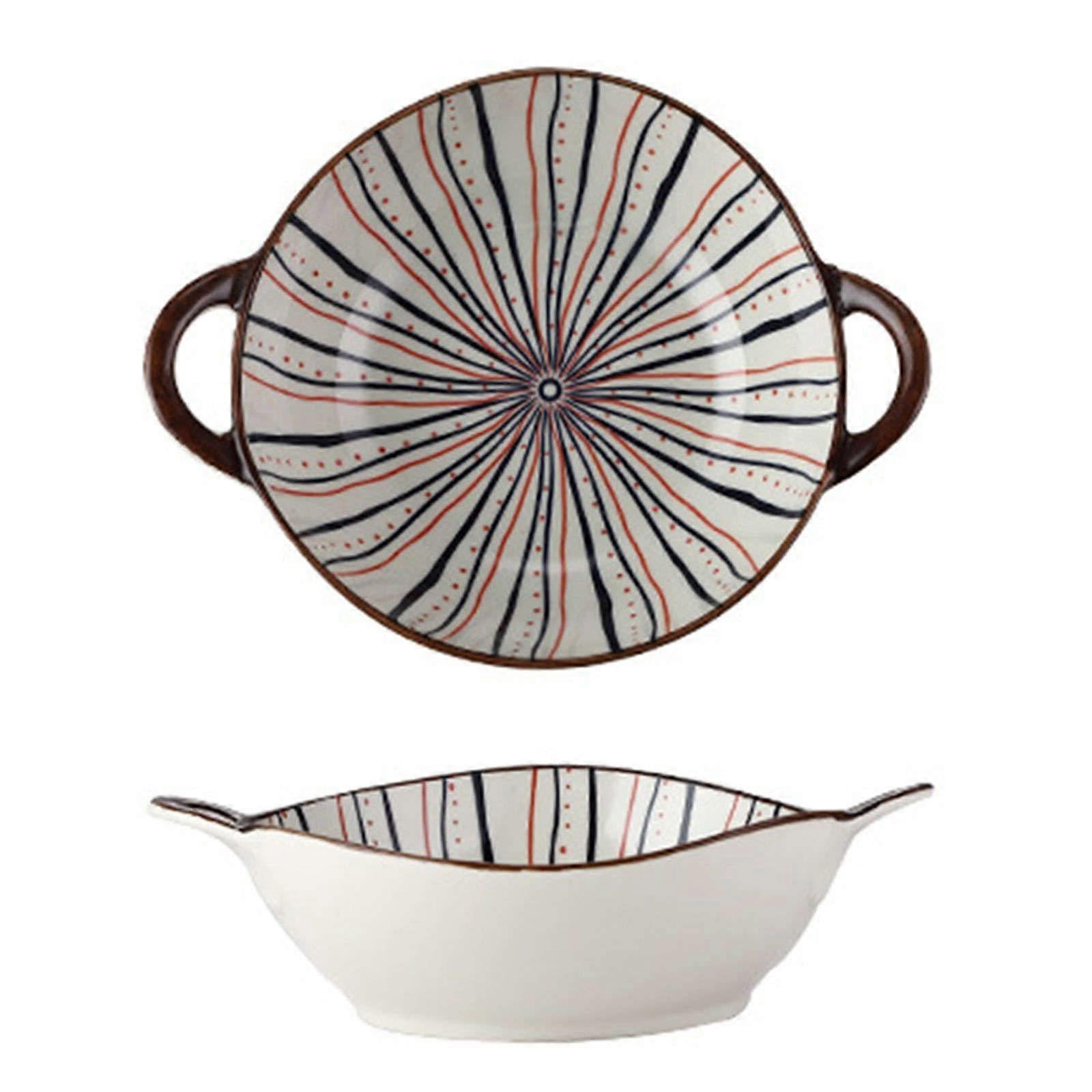 Large Ceramic Ramen Bowls with Handle, Set of 2, Oven Safe (White Ribbon)