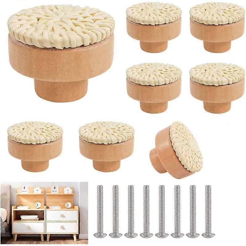 8 Pieces Rattan Wood Furniture Knobs, Round White Drawer Pulls, Cabinet Knobs, Dresser Knobs with Screws