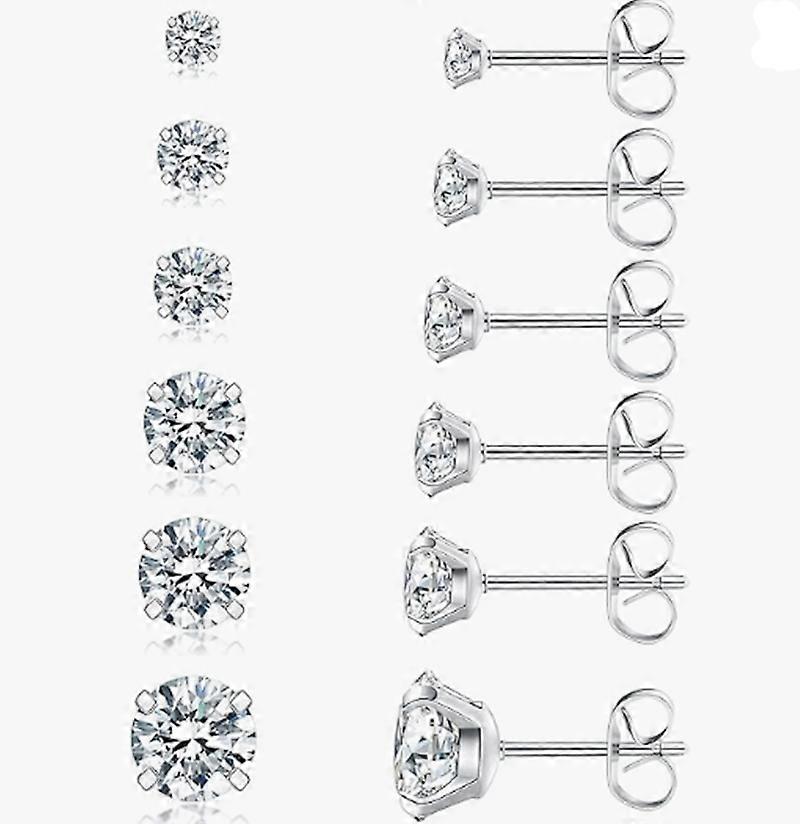6 Pairs Hypoallergenic Cubic Zirconia 316L Stud Earrings Set 3-8mm