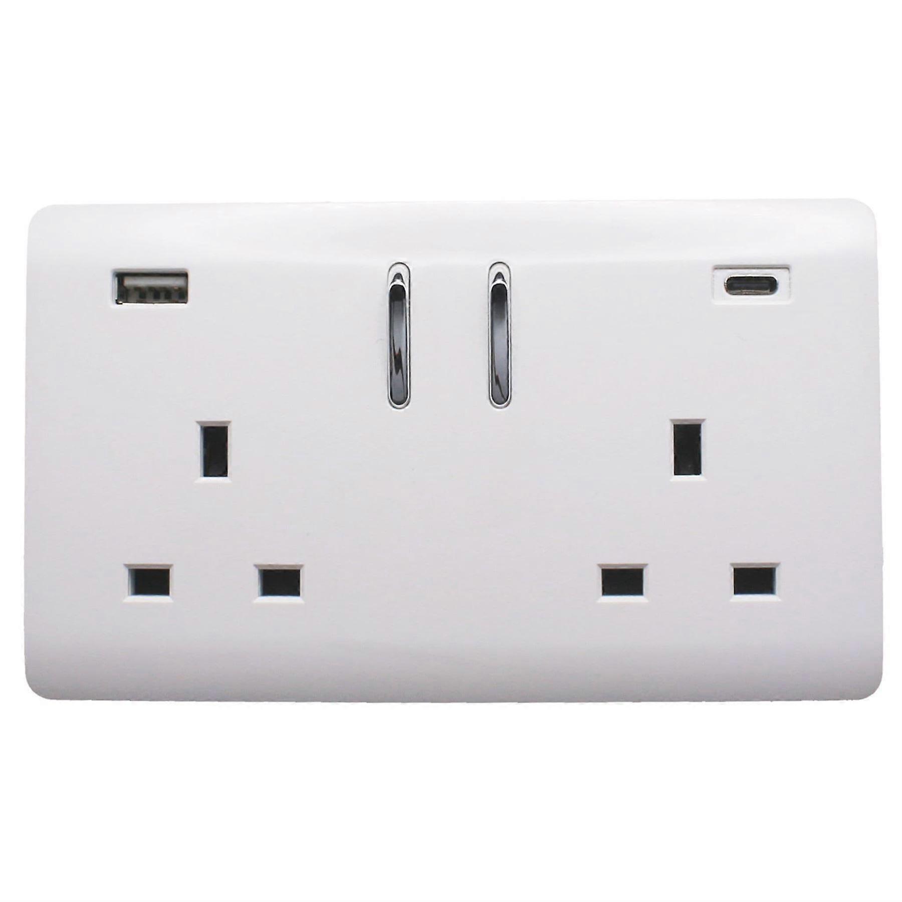 Trendi 2 Gang Artistic Modern Glossy 13 Amp 2 x Type A & C 3.1A USB Switched Plug Socket Ice White