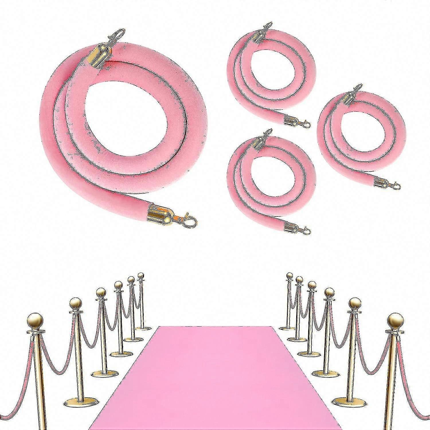 4 PC ροζ βελούδινο σχοινί 6.4ft Stanchion για τον έλεγχο πλήθους με γυαλισμένους χρυσούς γάντζους, παχύ σχοινί φραγμού ουράς