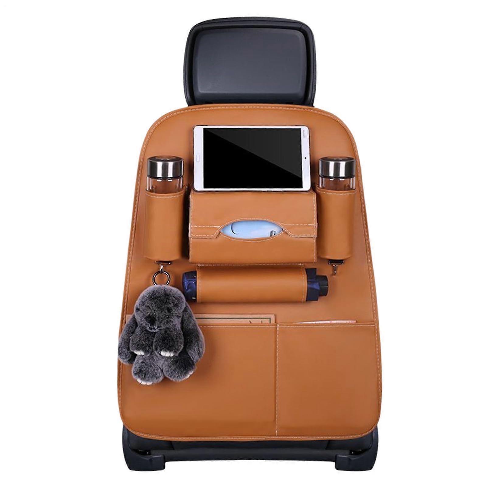 Back Seat Organizer with Tablet Pocket, Leather Car Interior Storage Solution for Kids Travel Gear, Brown, Multiple Compartments and Tissue Holder