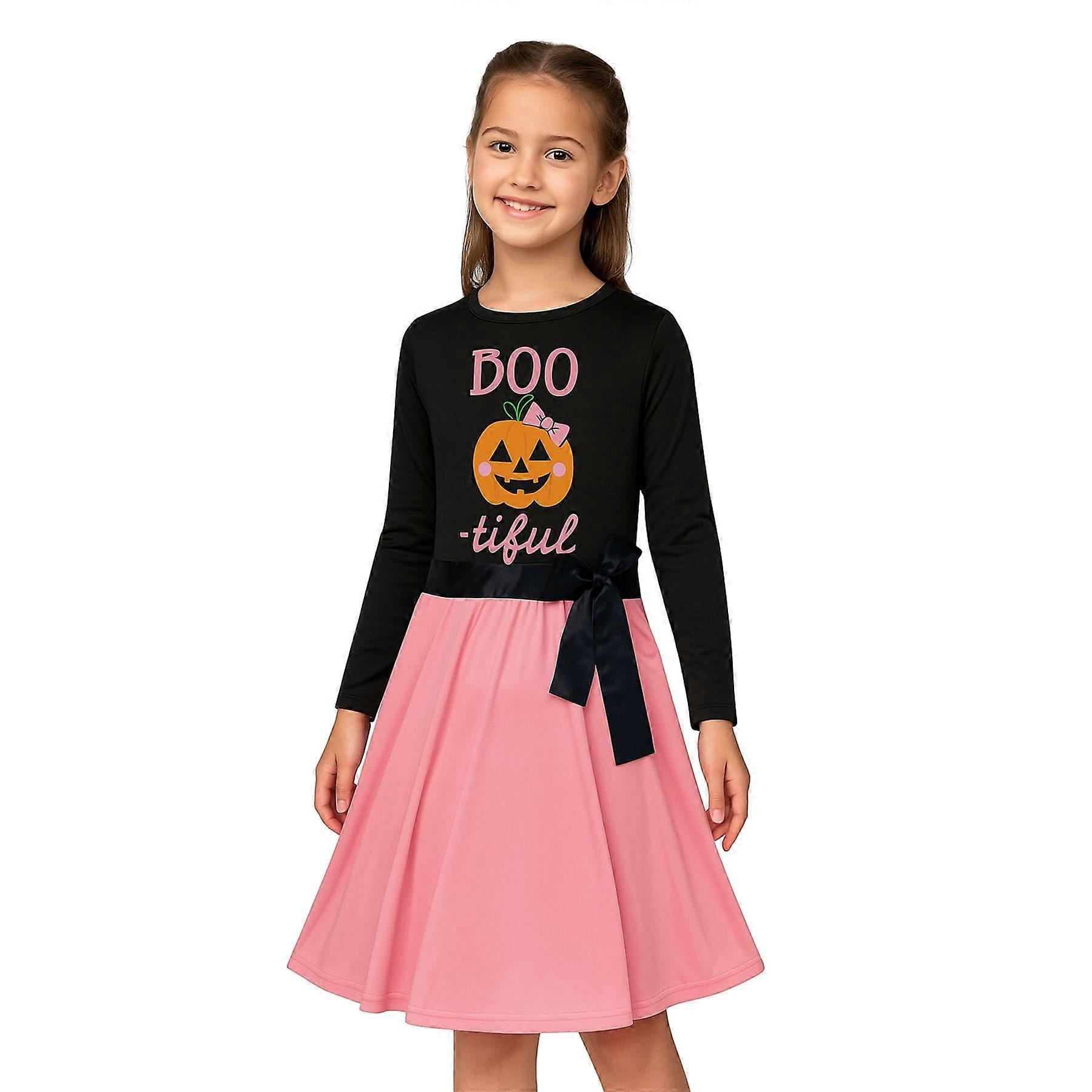 Kids Girls Skater Long Sleeves Black Panelled Pumpkin Print Halloween Dresses