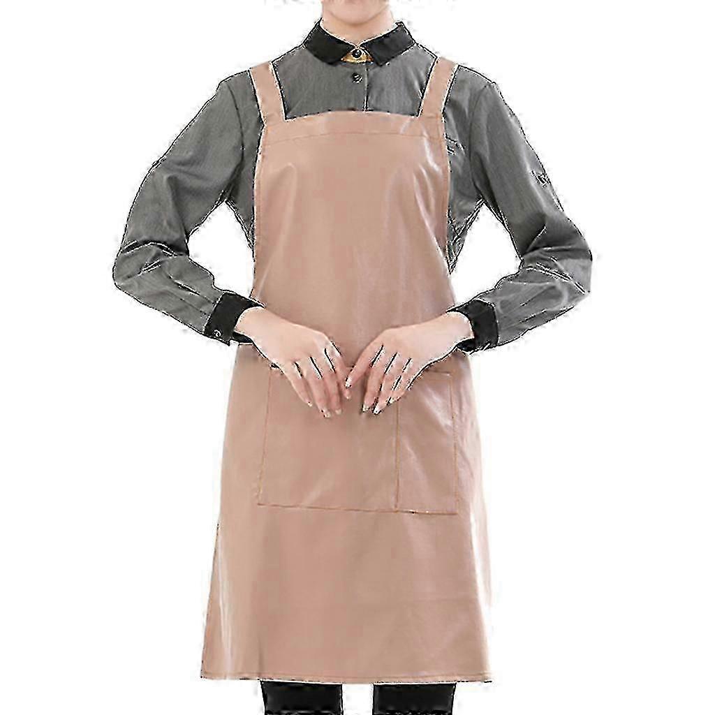 Faux Leather Waterproof Work Apron with Pocket Solid Color Kitchen Oil Proof Bib -DF
