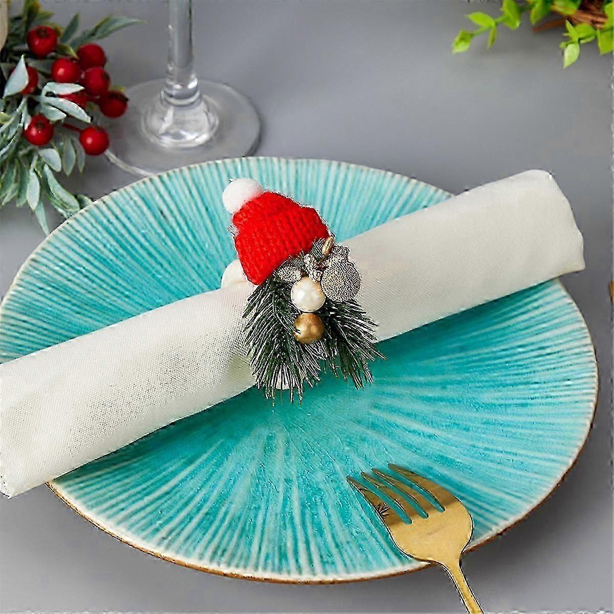 6pcs Pinecone Napkin Buckles With Gold Bead, Christmas Napkin Holders With Berry And Pine Needles For Dinner Table