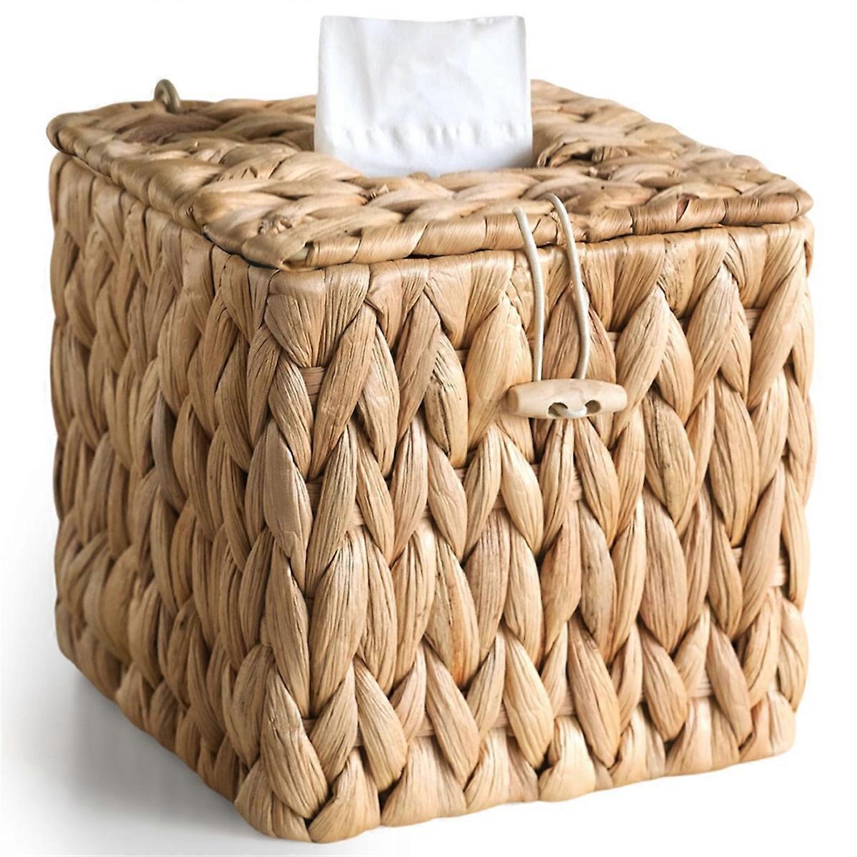 Rattan Tissue Box Cover with Lid, Tissue Box Holder Square, Boho Decorative Woven Water Hyacinth Cu