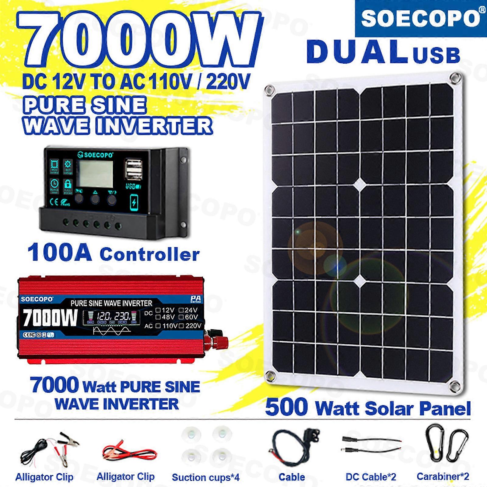 SOECOPO 7000W Solar Inverter System | 500W Panel + 100A Controller | 12V DC to 110V/220V AC Pure Sine Wave