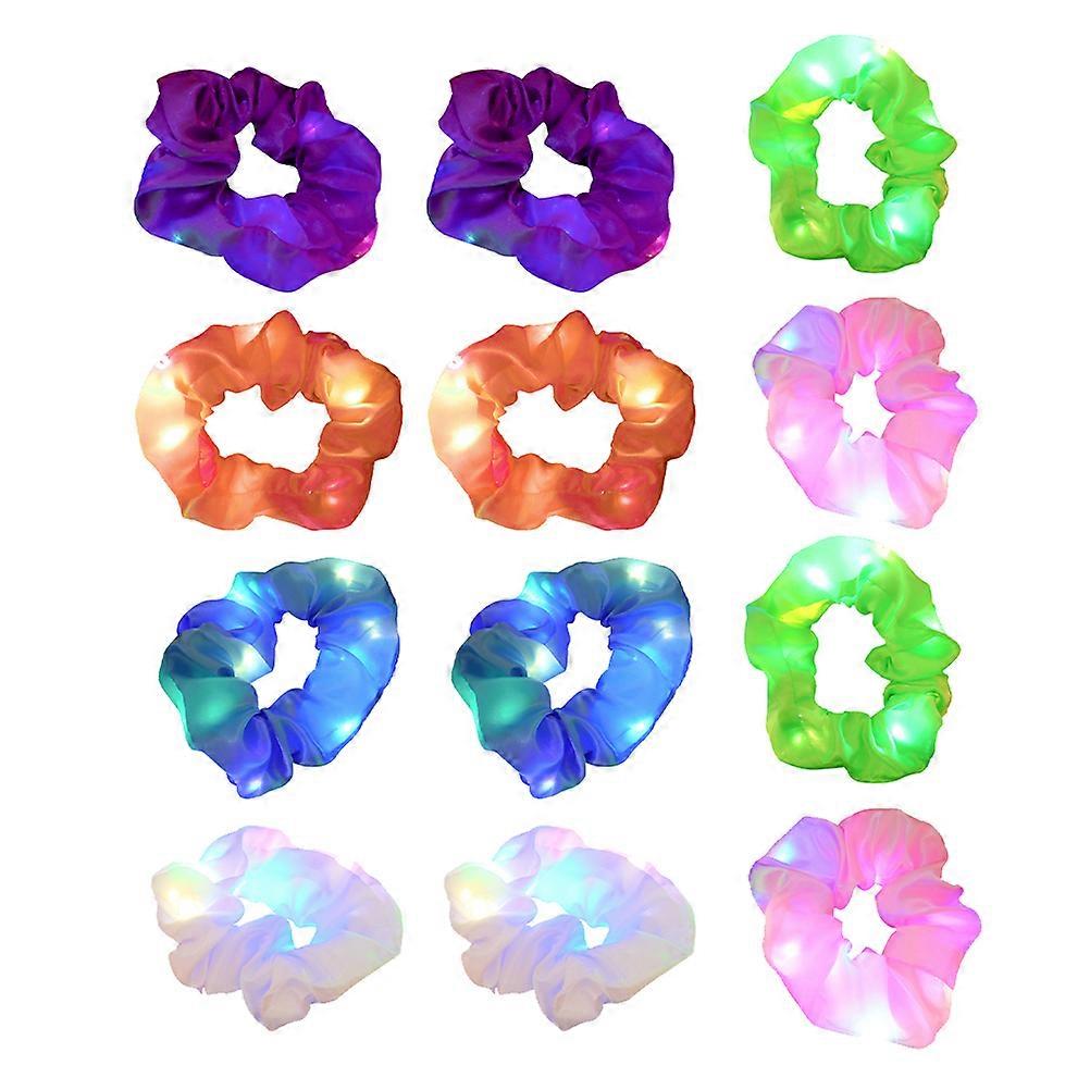 LED Hair Scrunchies Party Accessories For Makeup Glow Parties Round Shape 12Pcs With Button Batteries Included