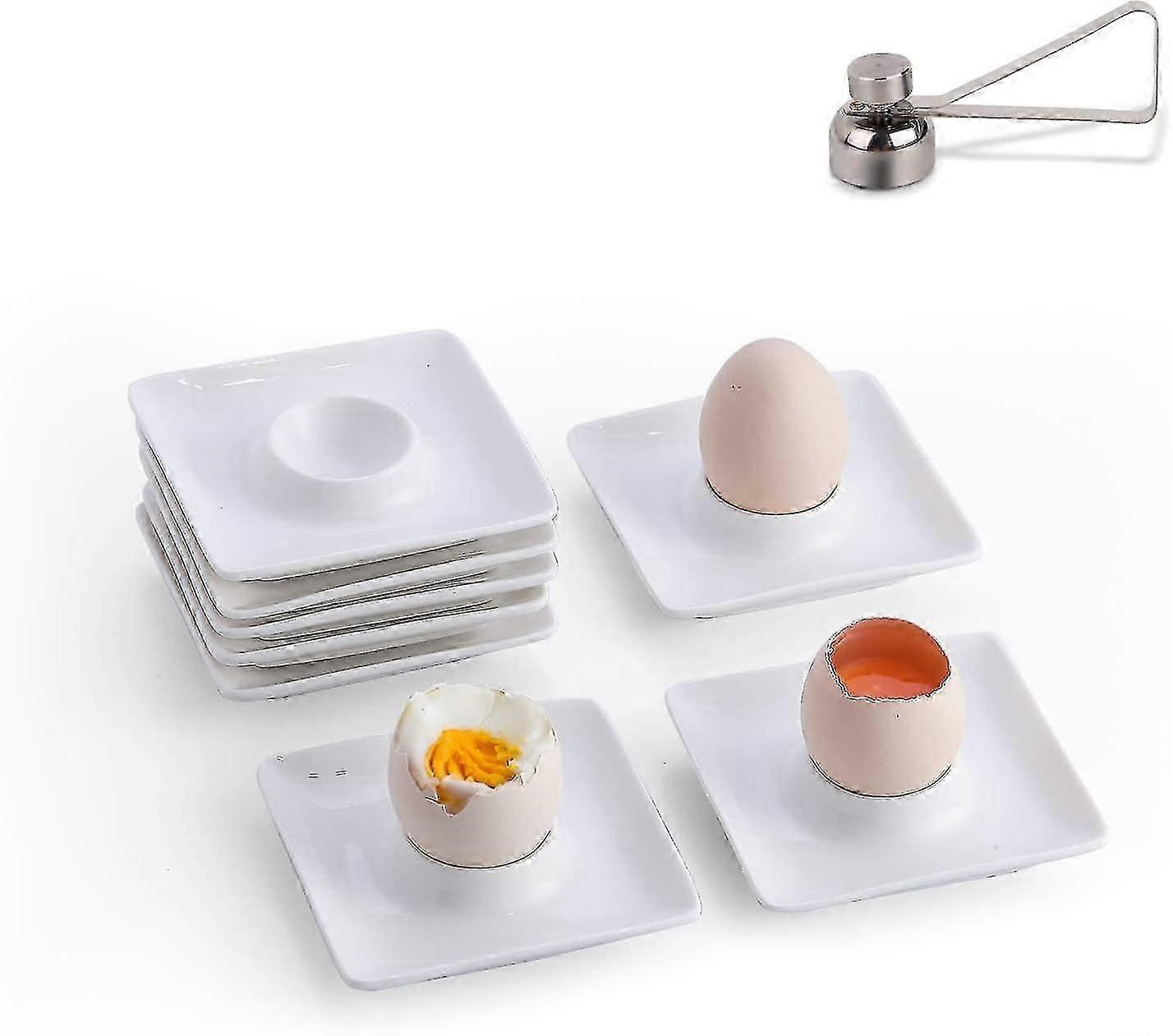 Set of 8 White Square Porcelain Egg Cups with Stainless Steel Egg Cracker Topper for Soft Boiled Eggs