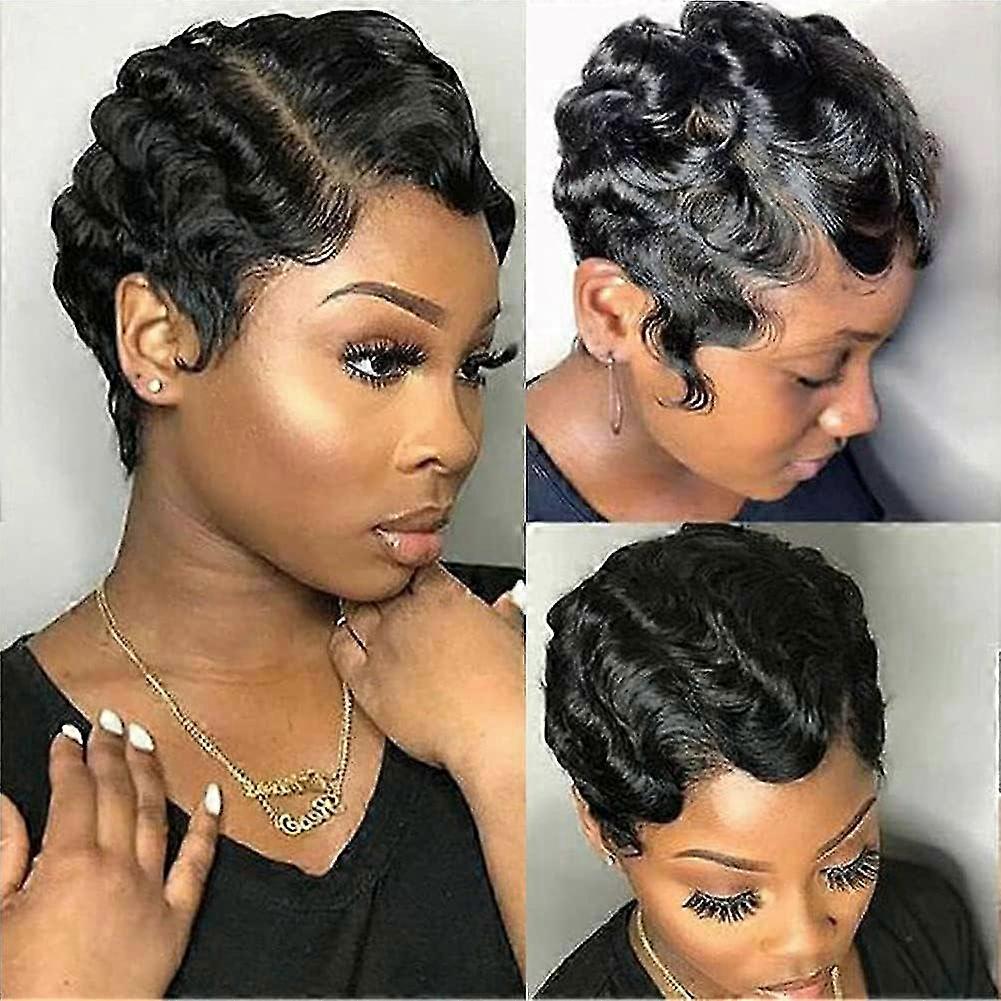 Peruca curta estilo pixie com cabelo humano virgem brasileiro e ondas oceânicas para mulheres negras, cor 1B, fácil de usar e leve, 25-26 polegadas.