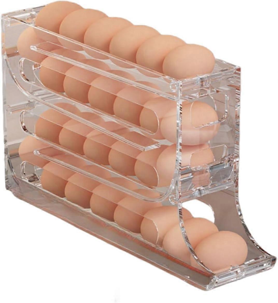 4-Tier Egg Holder for Fridge, Automatic Scrolling Rack, Space-Saving 30-Egg Organizer, Large Capacity Storage - 2 Pcs, Transparent