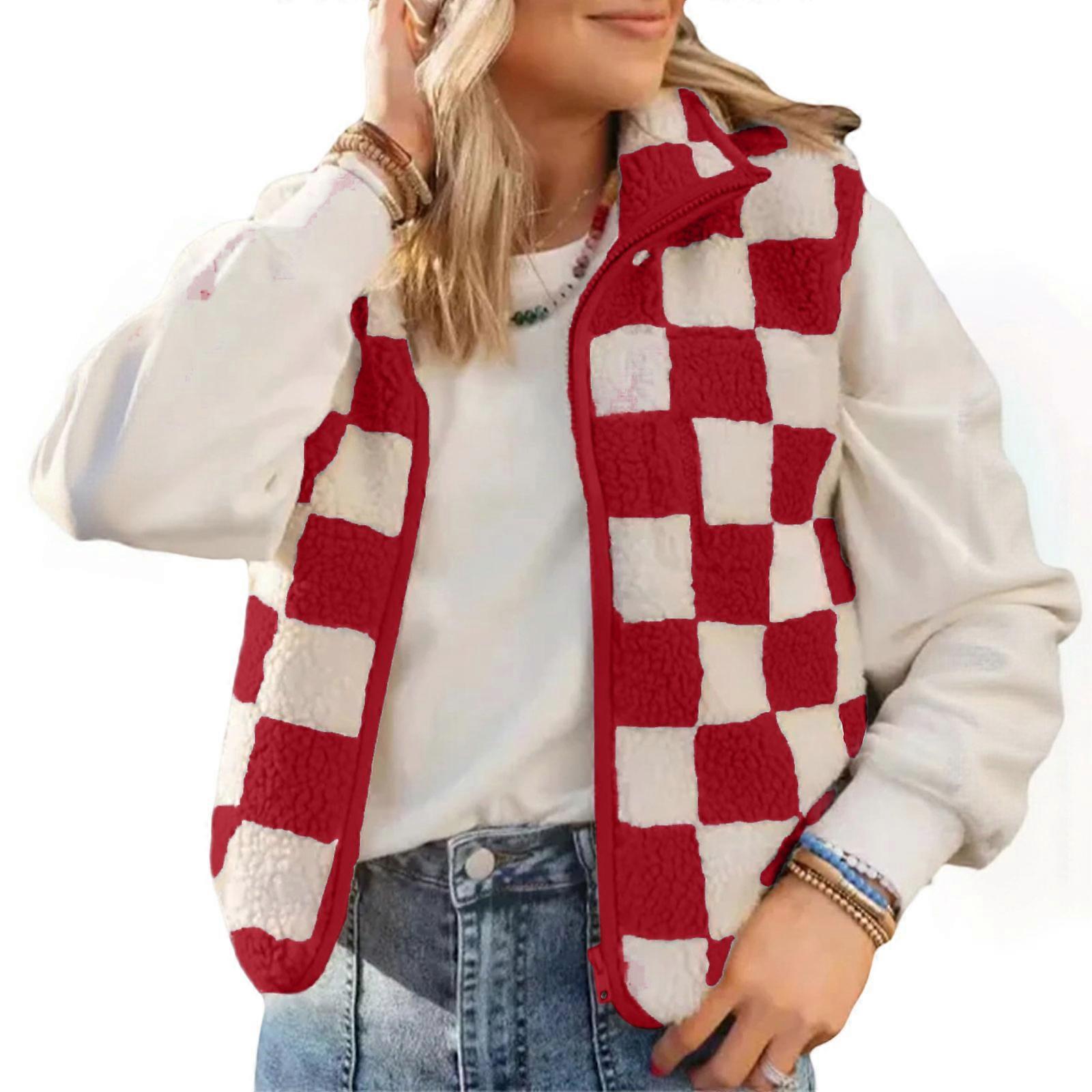 Women's sleeveless wool top with casual collar lambskin collar coat vest  Red XL