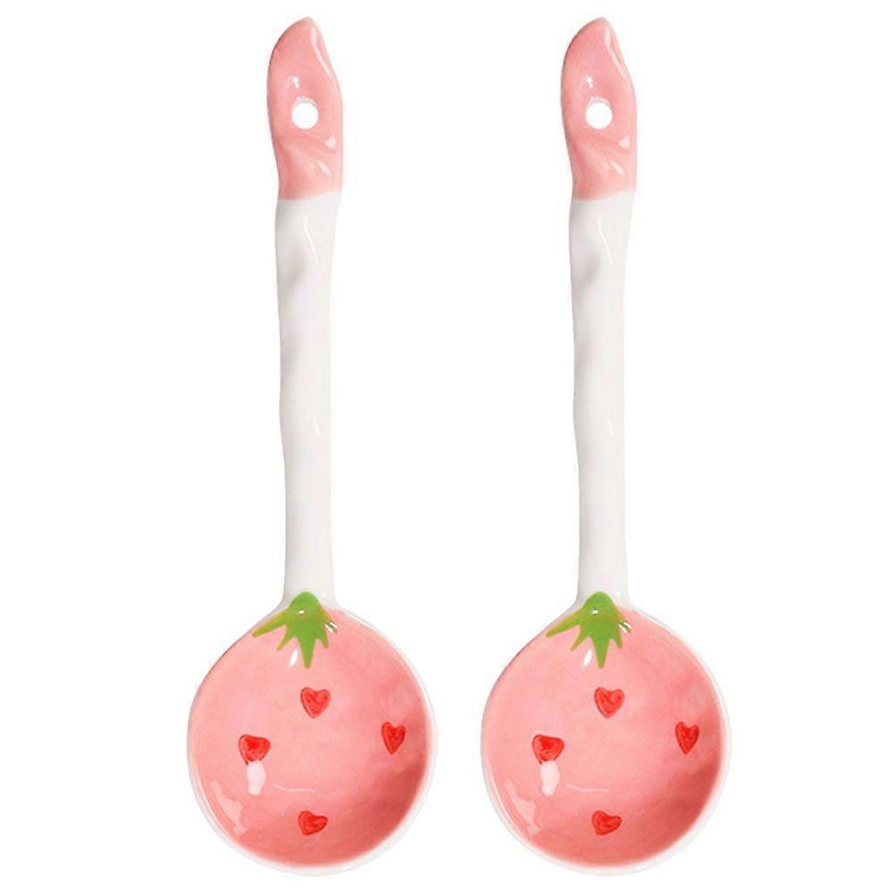 2pcs Ceramic Soup Spoons Strawberry Pattern Soup Spoon Ceramic Dinner Spoon Ramen Spoons