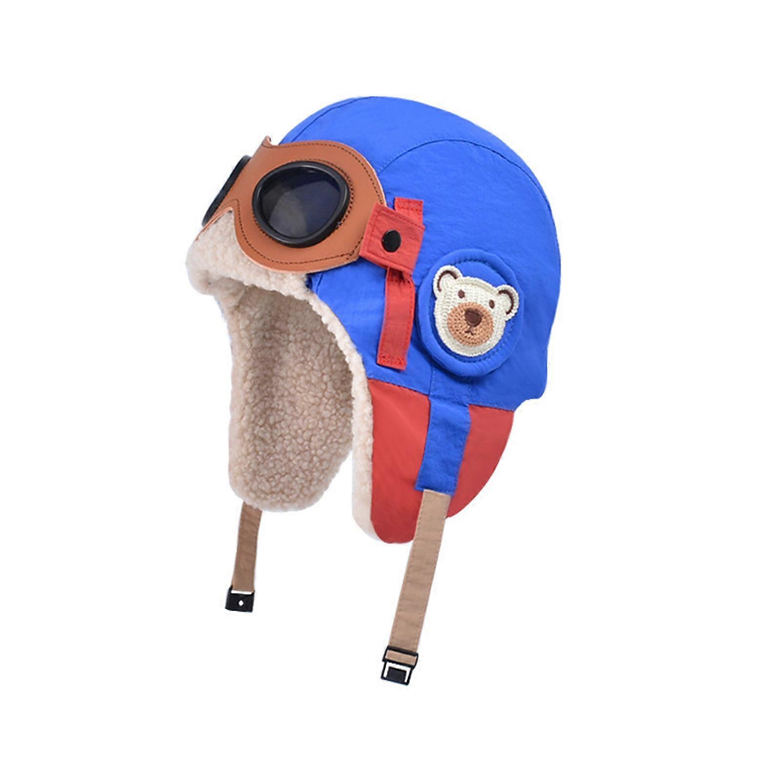 Stylish Unisex Toddler Pilot Cap Kids Warm Lei Feng Hat With Built In Glasses Plush Ear Warmer For Child  royal blue