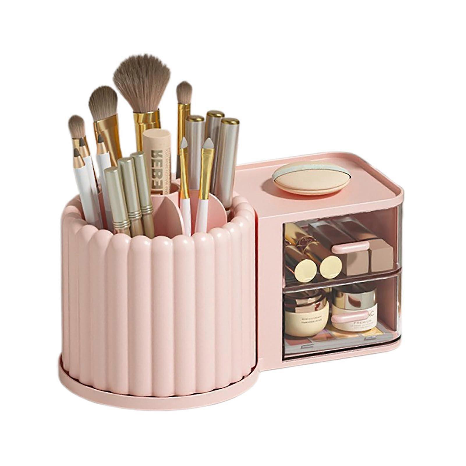 Rotating Makeup Organizer with Drawers, 360° Smooth Rotation Large Capacity Vanity Storage Pink B