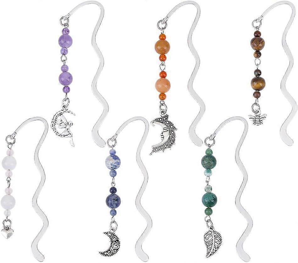 6pcs Metal Bookmarks Vintage 6 Styles Natural Gemstone Beaded Book Marks Alloy Wave Shaped Bookmarks with Moon Fairy Heart Pendant Charm for Student T