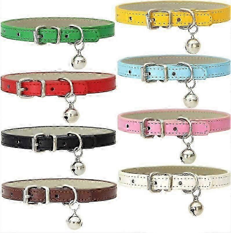 8-pack Leather Cat Collars With Bell And Adjustable Polished Metal Buckle, Durable And Handmade