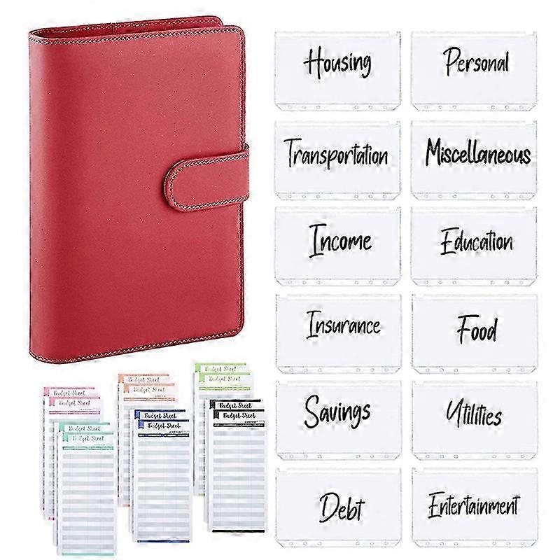 25Pcs A6 PU Leather Budget Binder Set, Binder Cover Planner Red