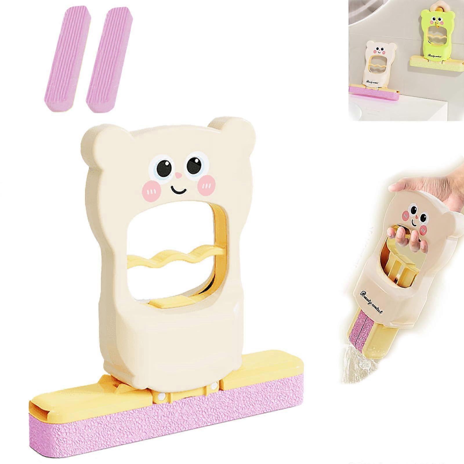 Mini Handheld Sponge Mop with Cute Cat Pattern, SelfSqueeze Foldable Design for Kitchen Bathroom, White with 2 Replaceable Heads