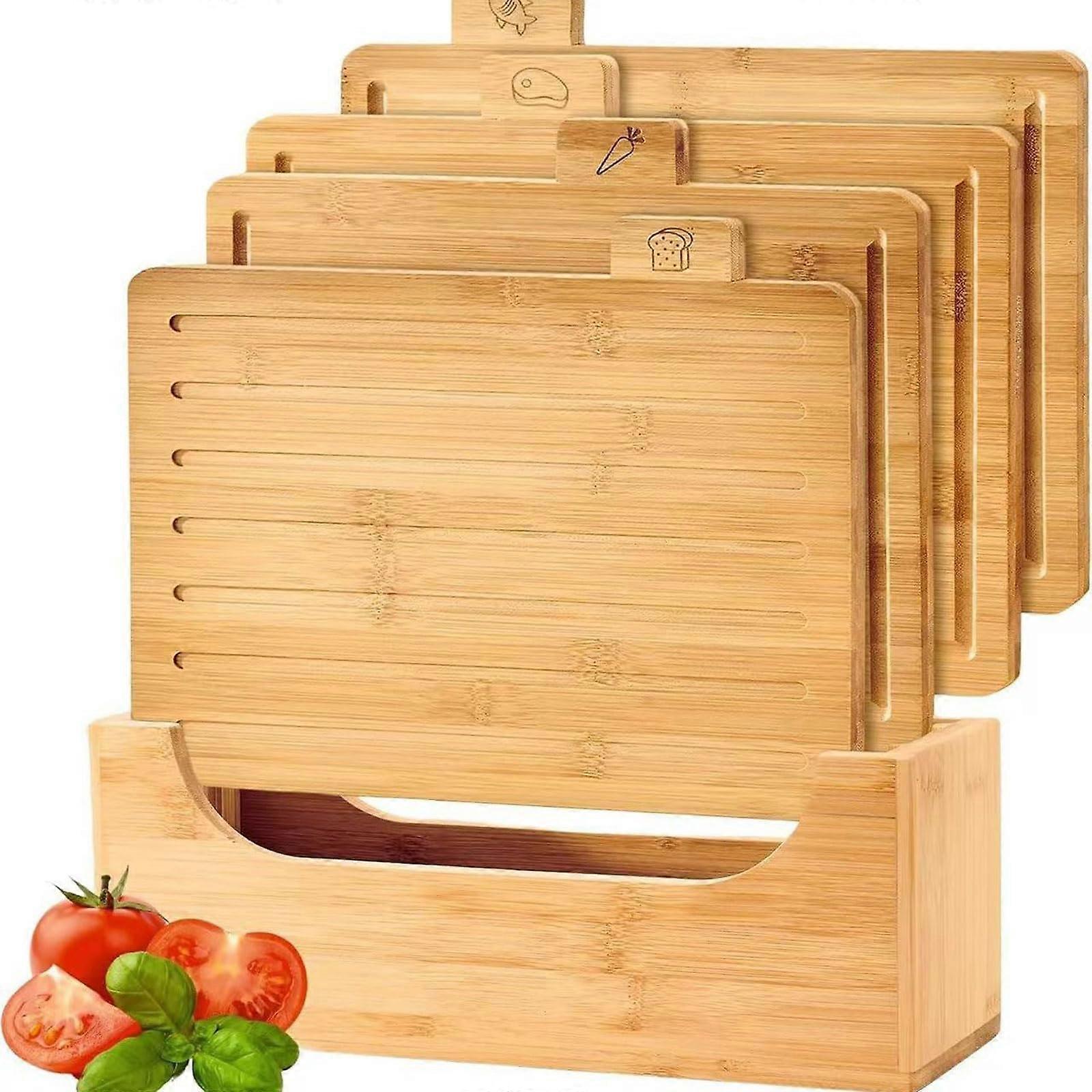 4Piece Bamboo Cutting Board Set with Stand, Compartments and Grooves for Organized Kitchen Use